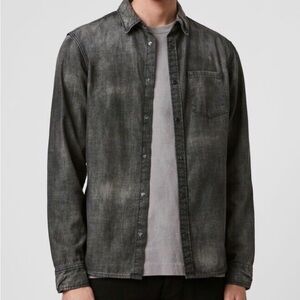 All Saints Garforth Washed Black Denim Popper Long Sleeve Shirt sz XL